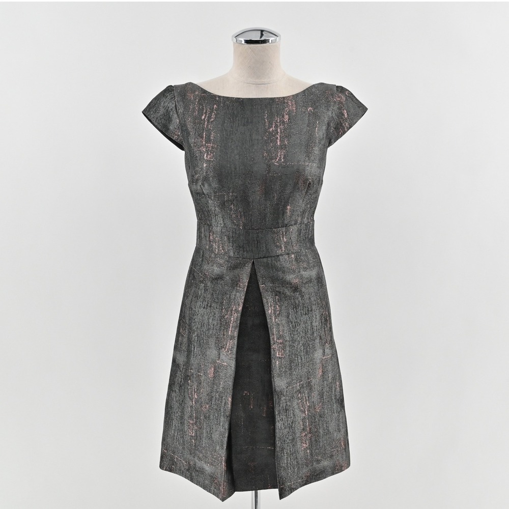 Kay Unger Metallic Sheath Dress Womens Size 6 Gray Cap Sleeve Split Skirt Party